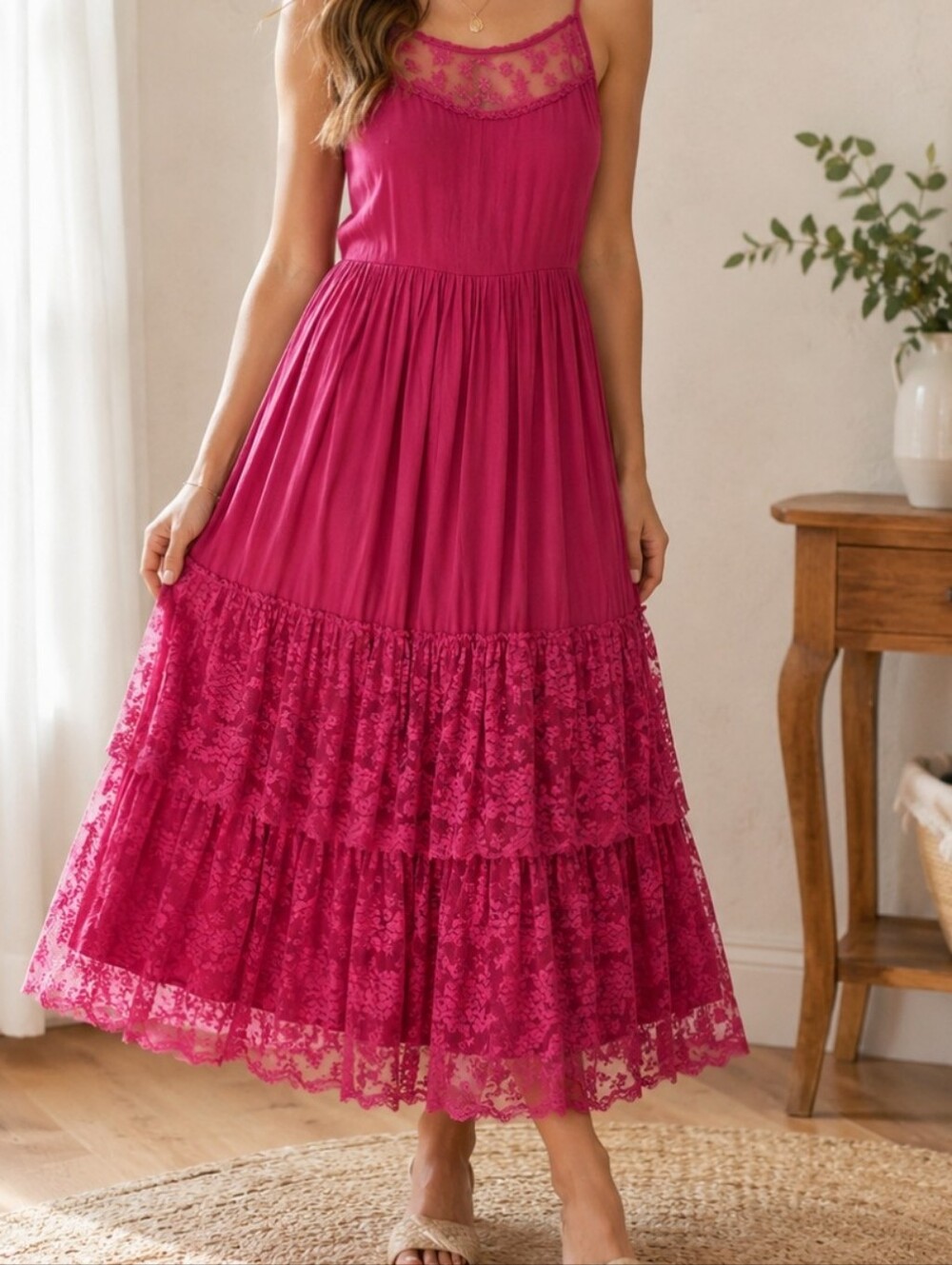 NWT Joyfolie Mia Joy Teen Girl Boho Lace Tiered Maxi Dress Berry Sz 14